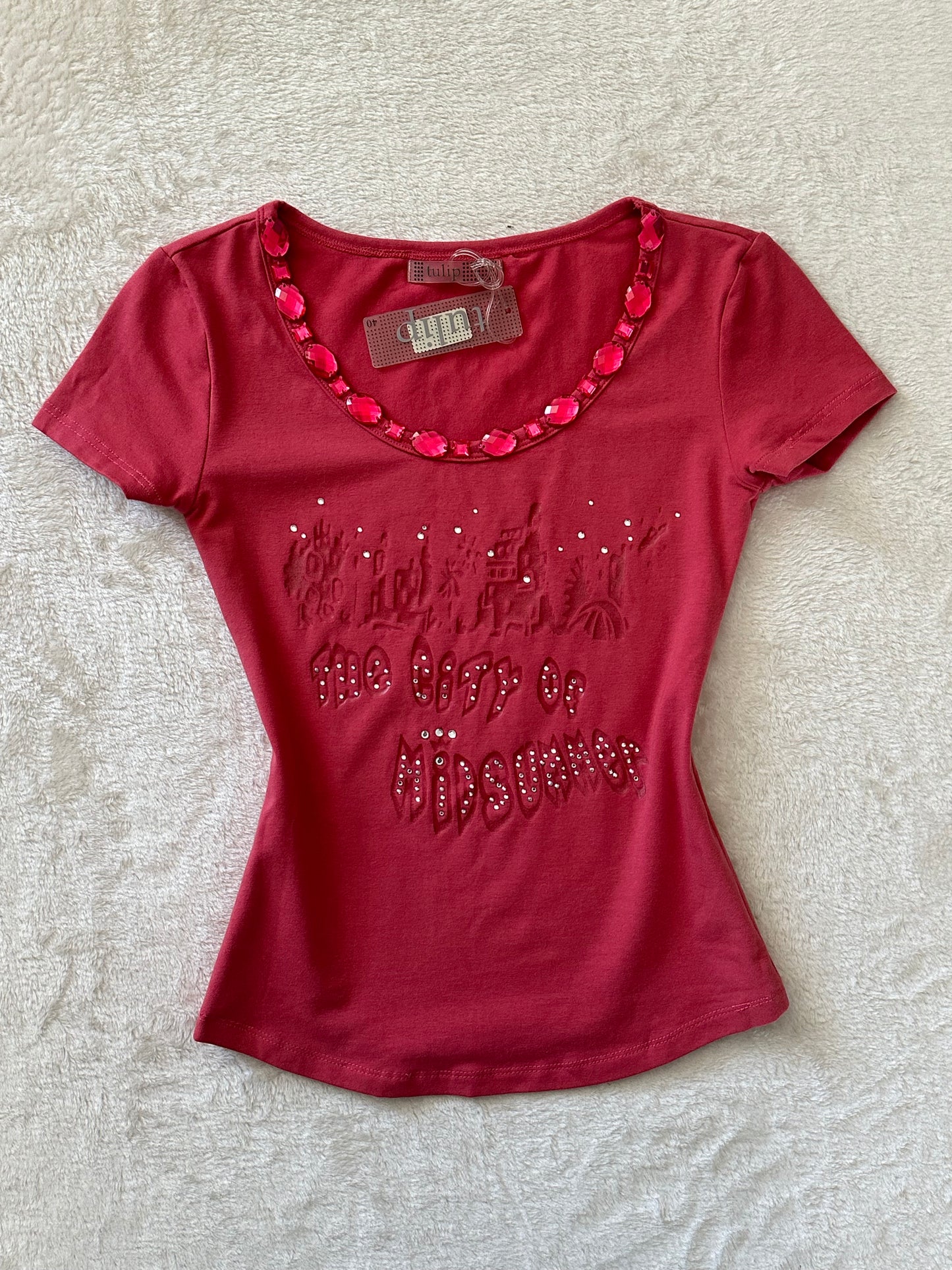 Baby tee rose cintré fairy collector à inscriptions et perles y2k Japan neuf