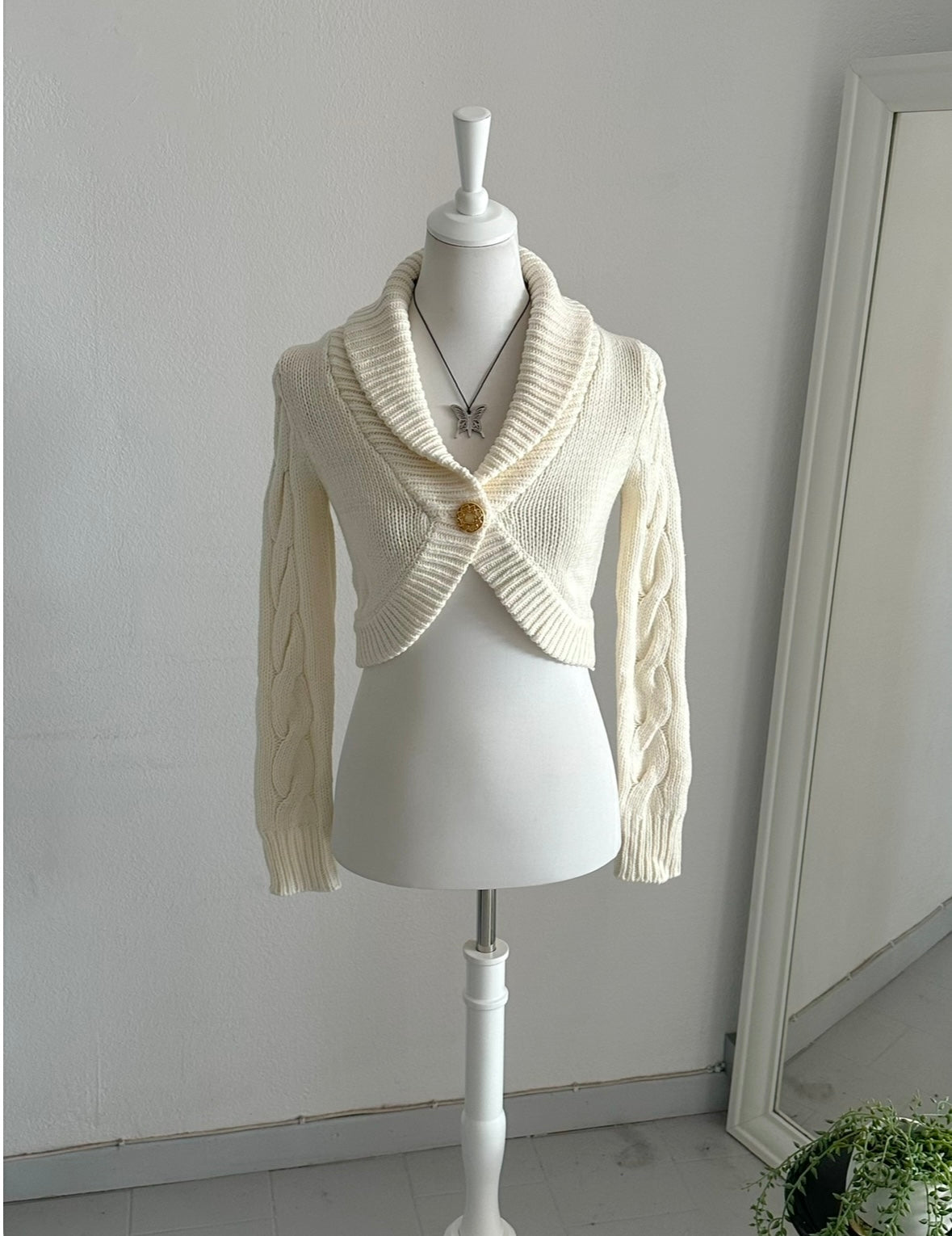 Boléro crop coquette collector maille torsadée crème à bouton coeurs y2k Japan neuf