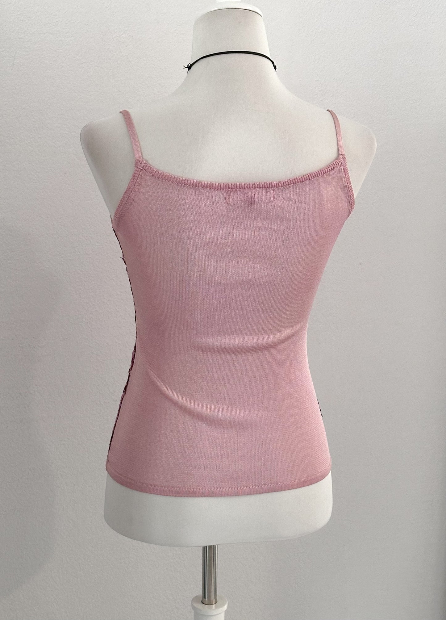 Débardeur cintré ibiza rose à sequins & fleurs y2k