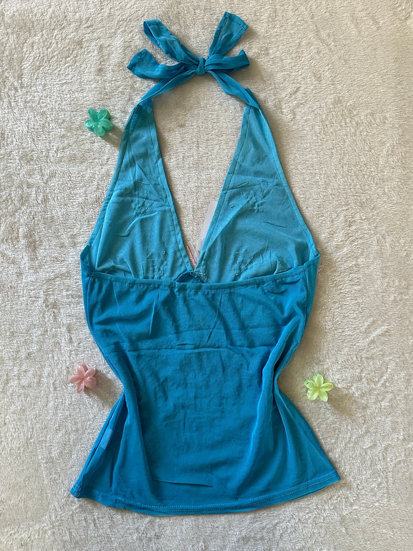 Débardeur mesh bleu fairy ibiza dos nu sequins perles y2k neuf