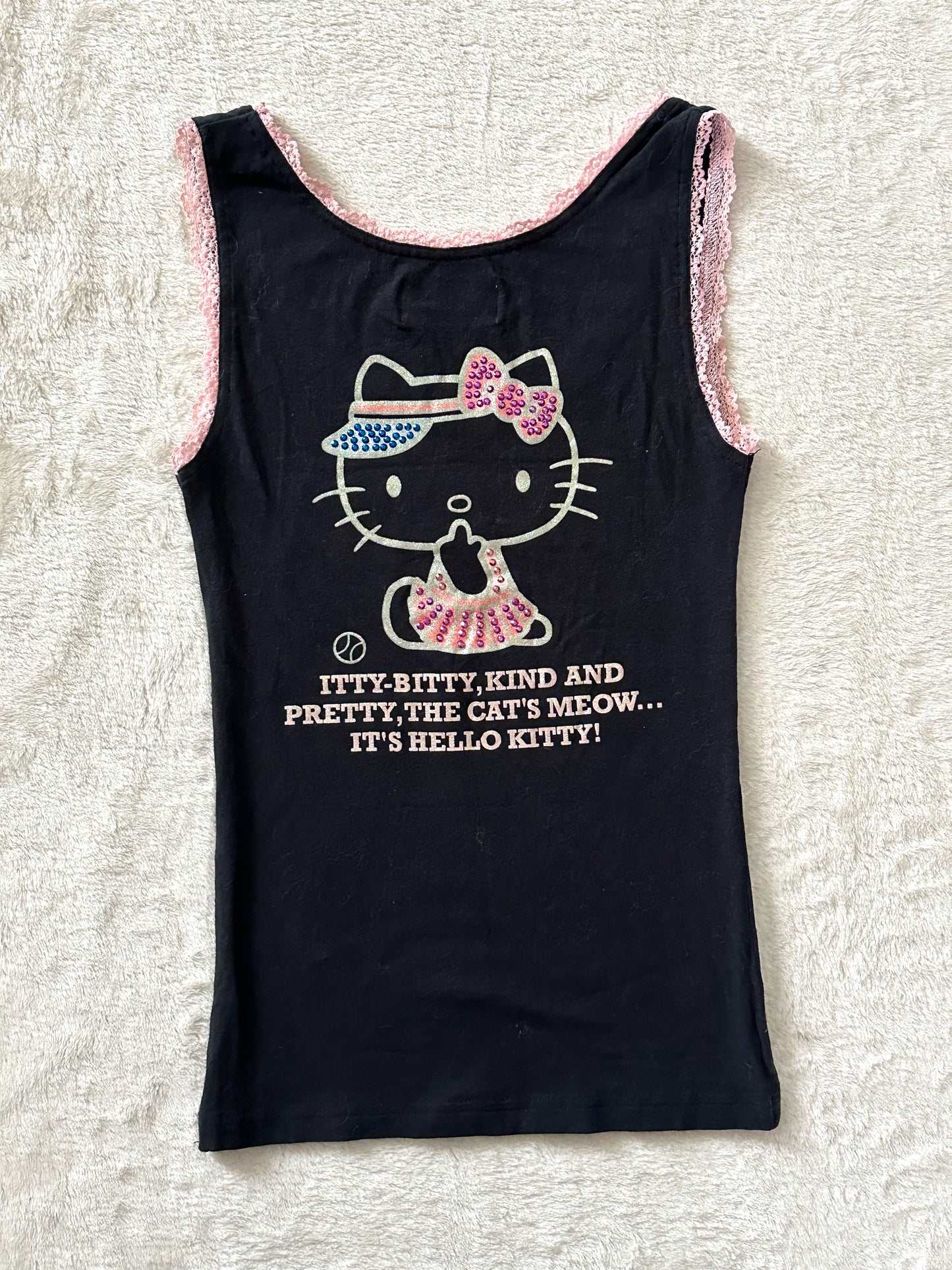 Tank top noir stretch coquette collector Hello Kitty Tennis paillettes strass dentelle "Lis Lisa" y2k Japan