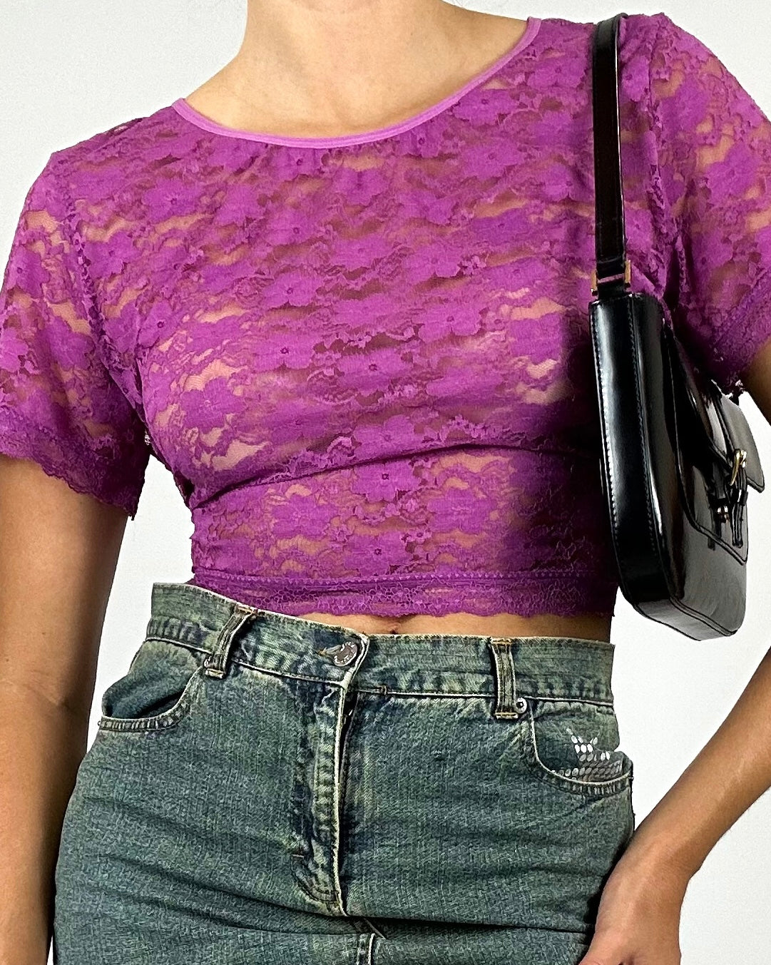 T-shirt violet stretch dentelle y2k