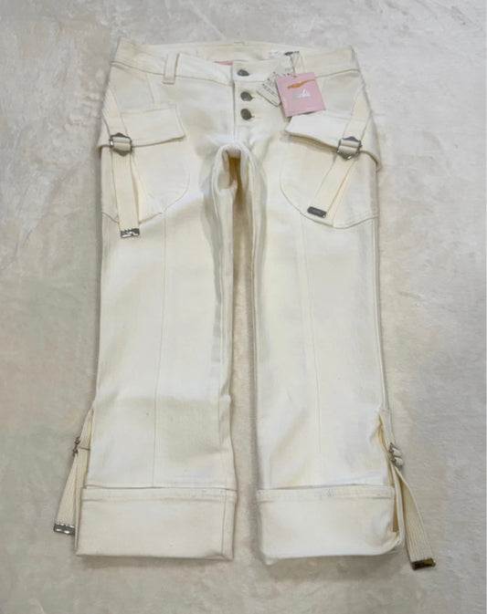 Pantacourt denim blanc rare babydoll blanc a découpes poches boucles Barbie y2k Japan neuf