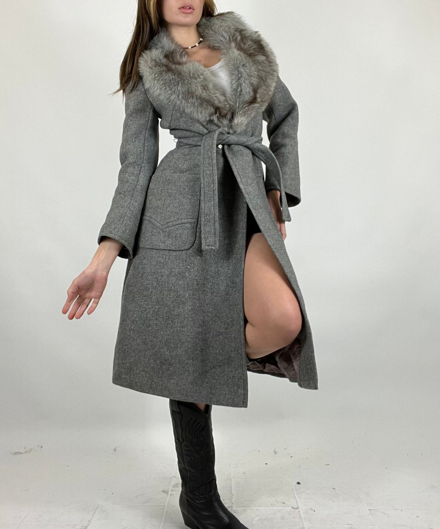 Manteau long laine gris & fausse fourrure y2k