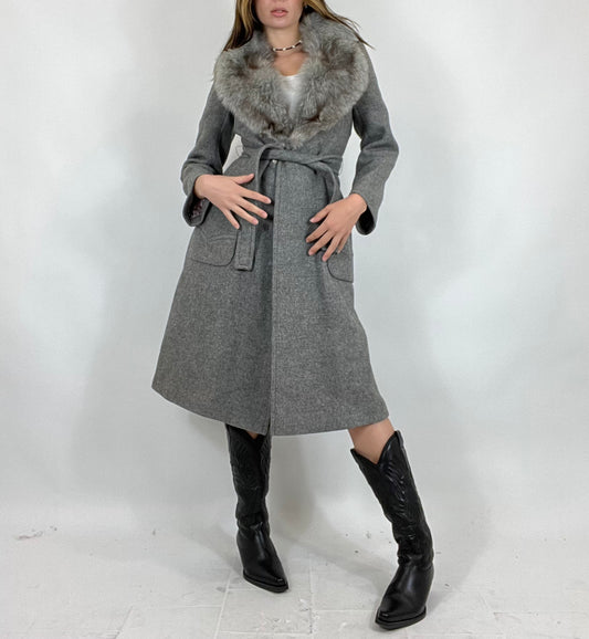 Manteau long laine gris & fausse fourrure y2k